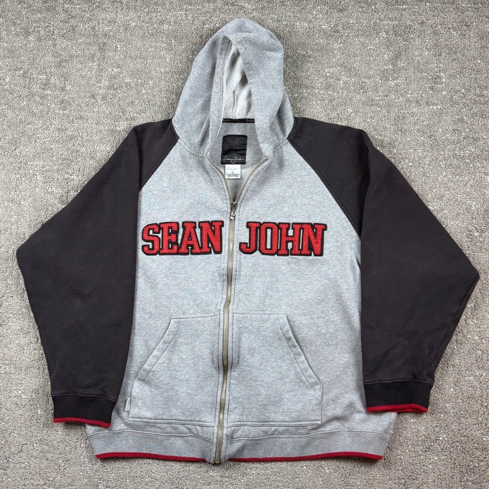 Vintage Y2K Sean John Hoodie Zip Up Gray Black Logo Sweatshirt Mens XL